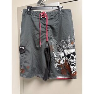 Y2K Billabong Skull Crown Wings Board Shorts Swim Trunks Men's Size 34 Gray Pink